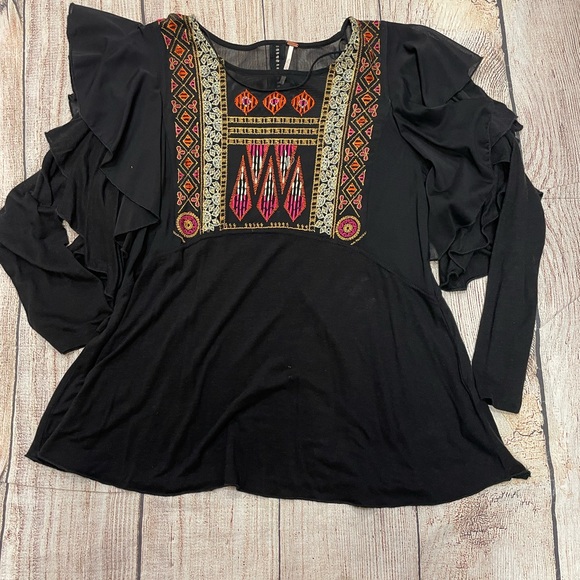 Free People Tops - Free People black long sleeve double ruffle top embroidery on front size small